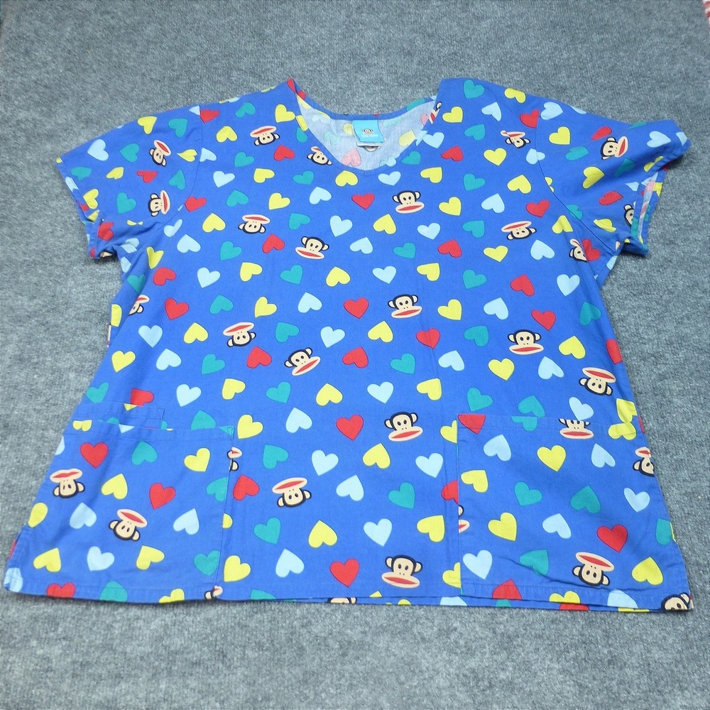 Y2K Paul Frank Julius Monkey Heart Print Scrub Top Blue XL 2846C PFJH